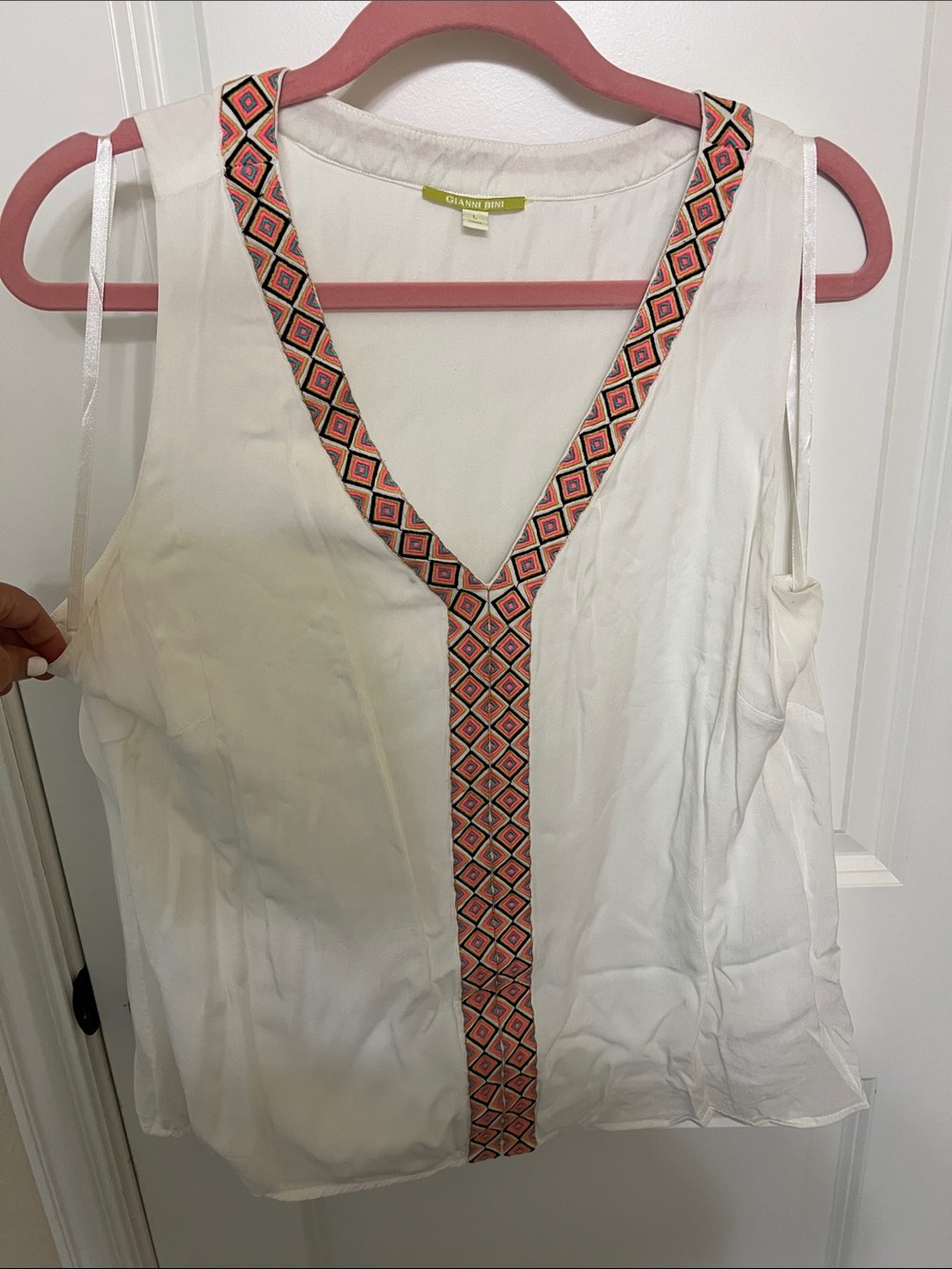 Gianni Bini White V-Neck Tank with Pink, Teal & Black Embroidered Trim